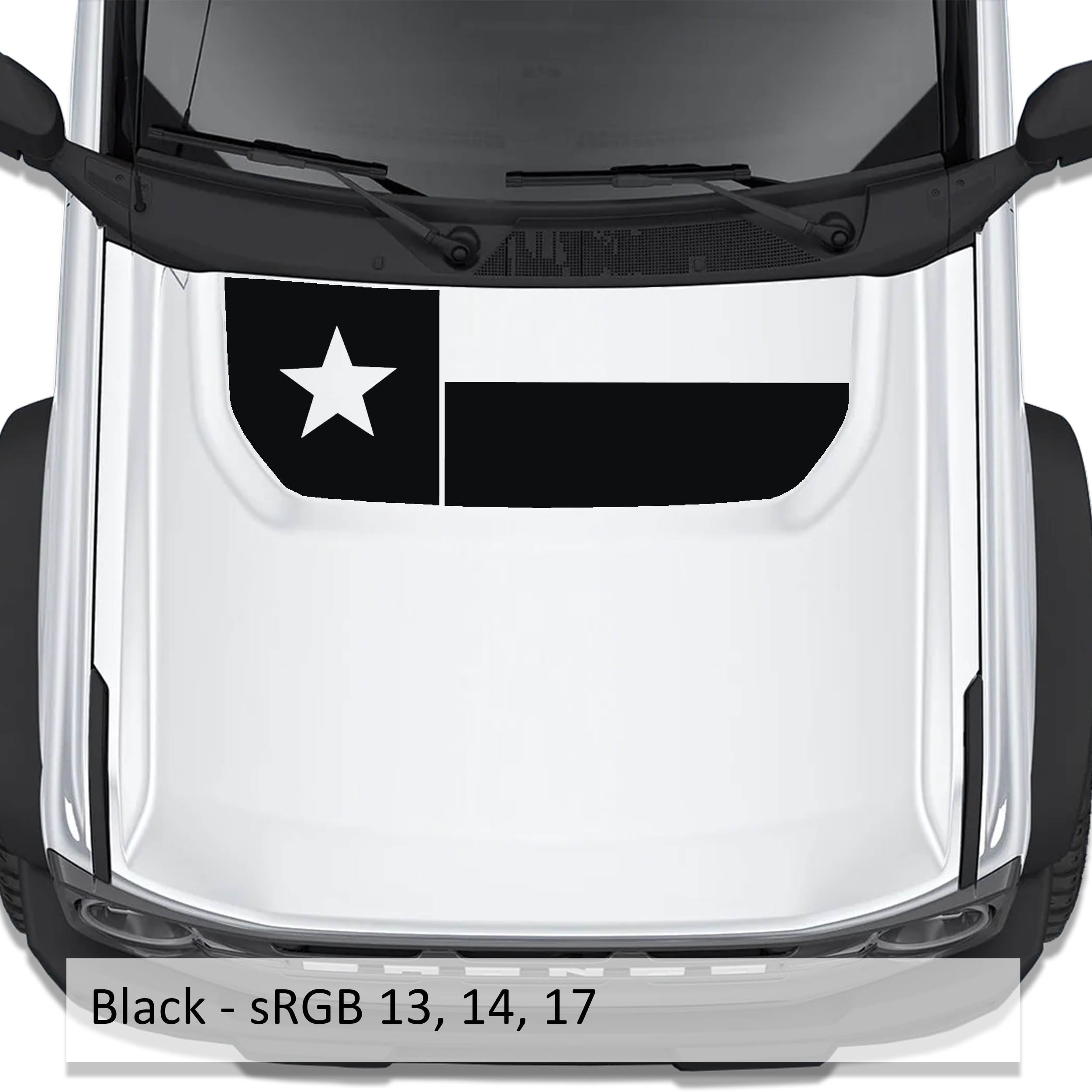 Texas Flag blackout hood vinyl decal in black shown installed on the hood of a 2021+ Ford Bronco