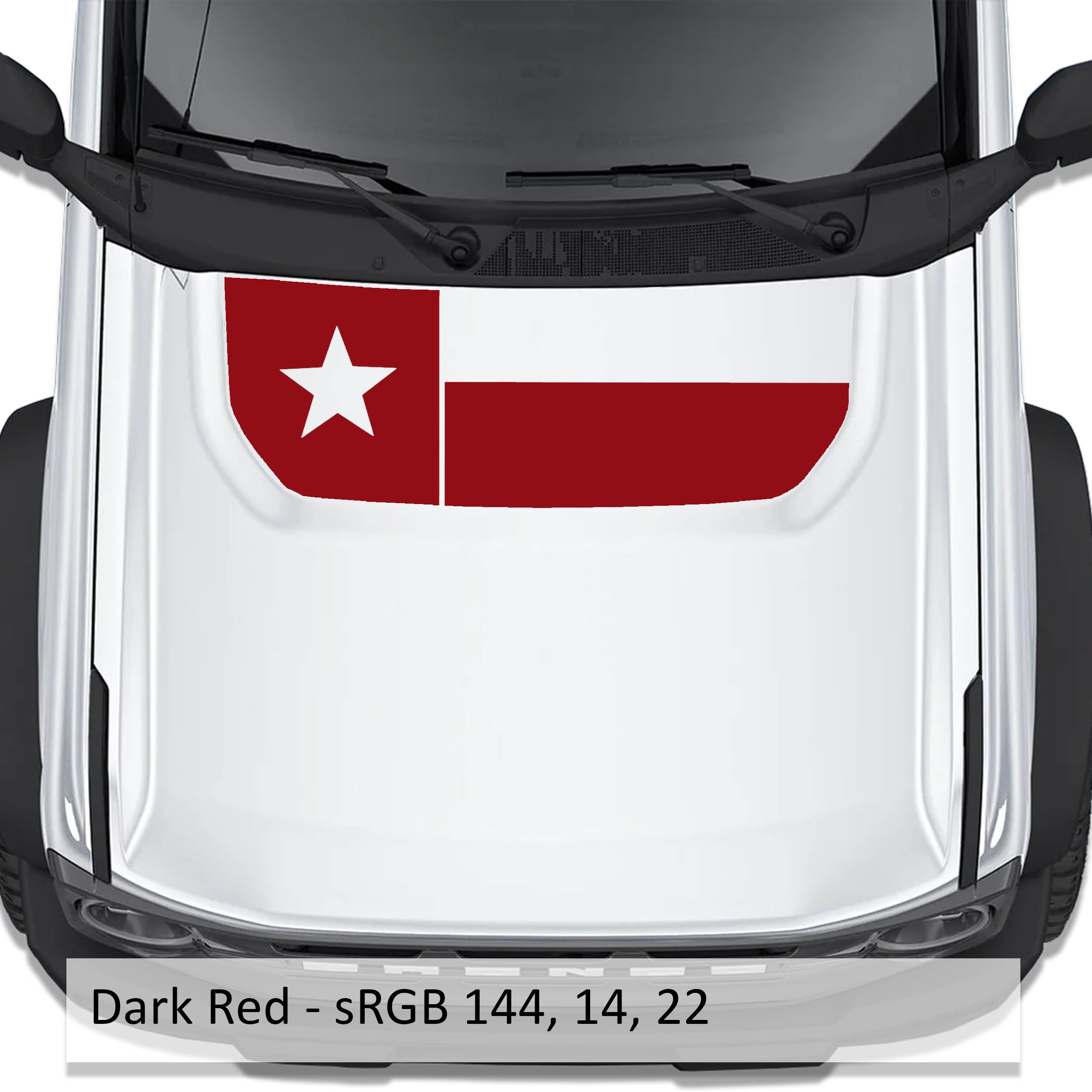 Texas Flag blackout hood vinyl decal in dark red shown installed on the hood of a 2021+ Ford Bronco