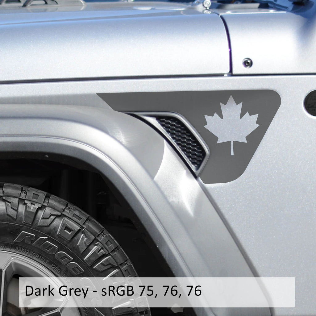 Dark gray Canadian maple leaf vinyl decal on Jeep Wrangler JL factory billet fender vent