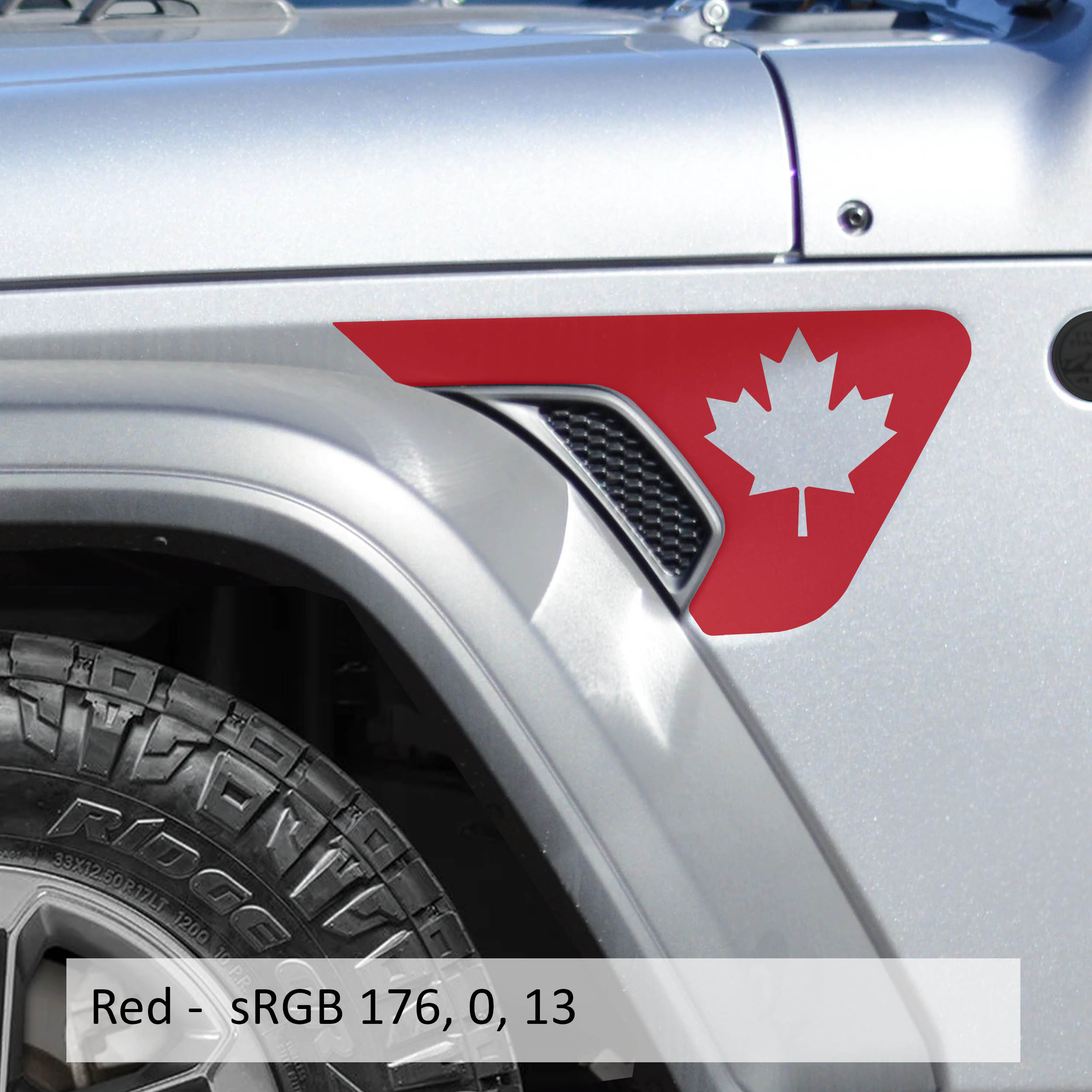 Red Canadian maple leaf decal shown on Jeep Wrangler JL factory billet style fender vent