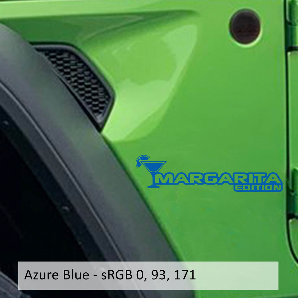 Margarita Edition Jeep fender decal pair in azure blue vinyl shown on a clean white promotional backdrop