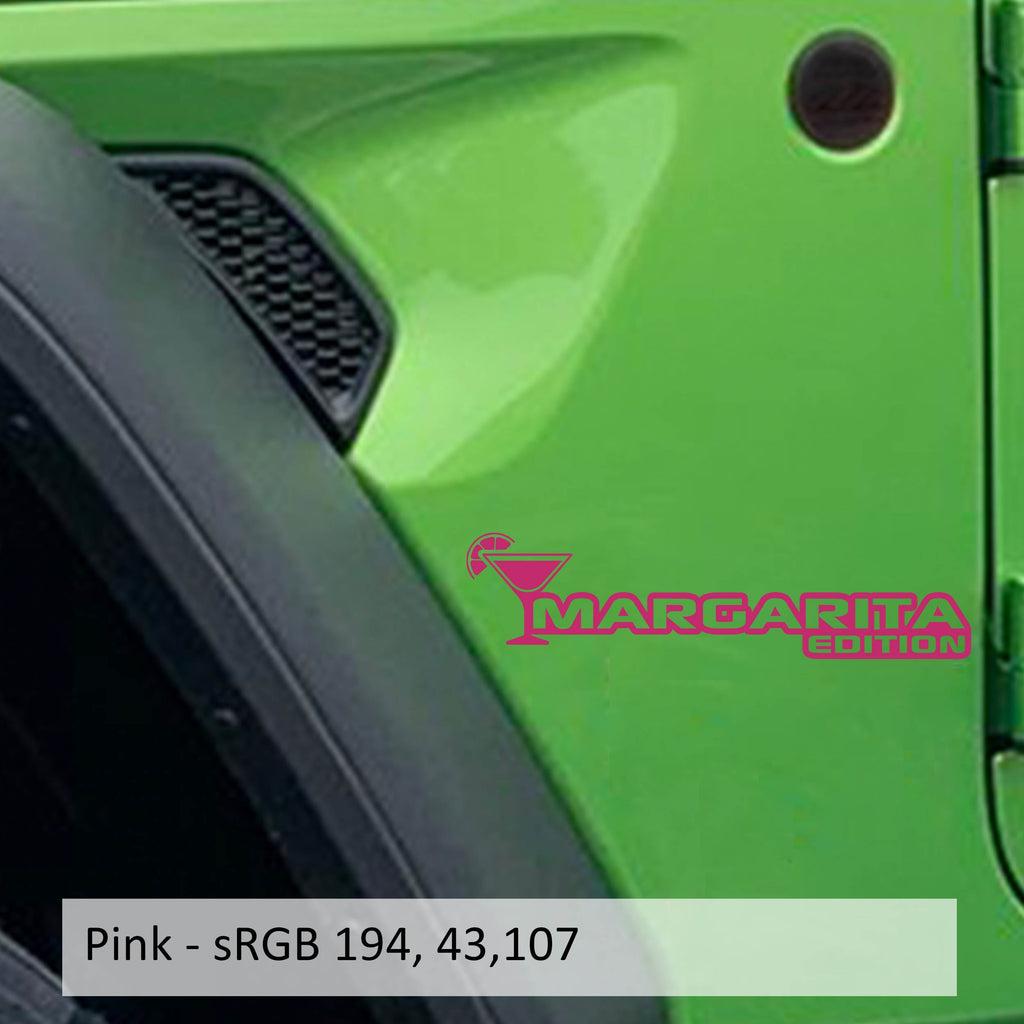 Margarita Edition Jeep fender decal pair displayed in bright pink vinyl on a clean white studio backdrop