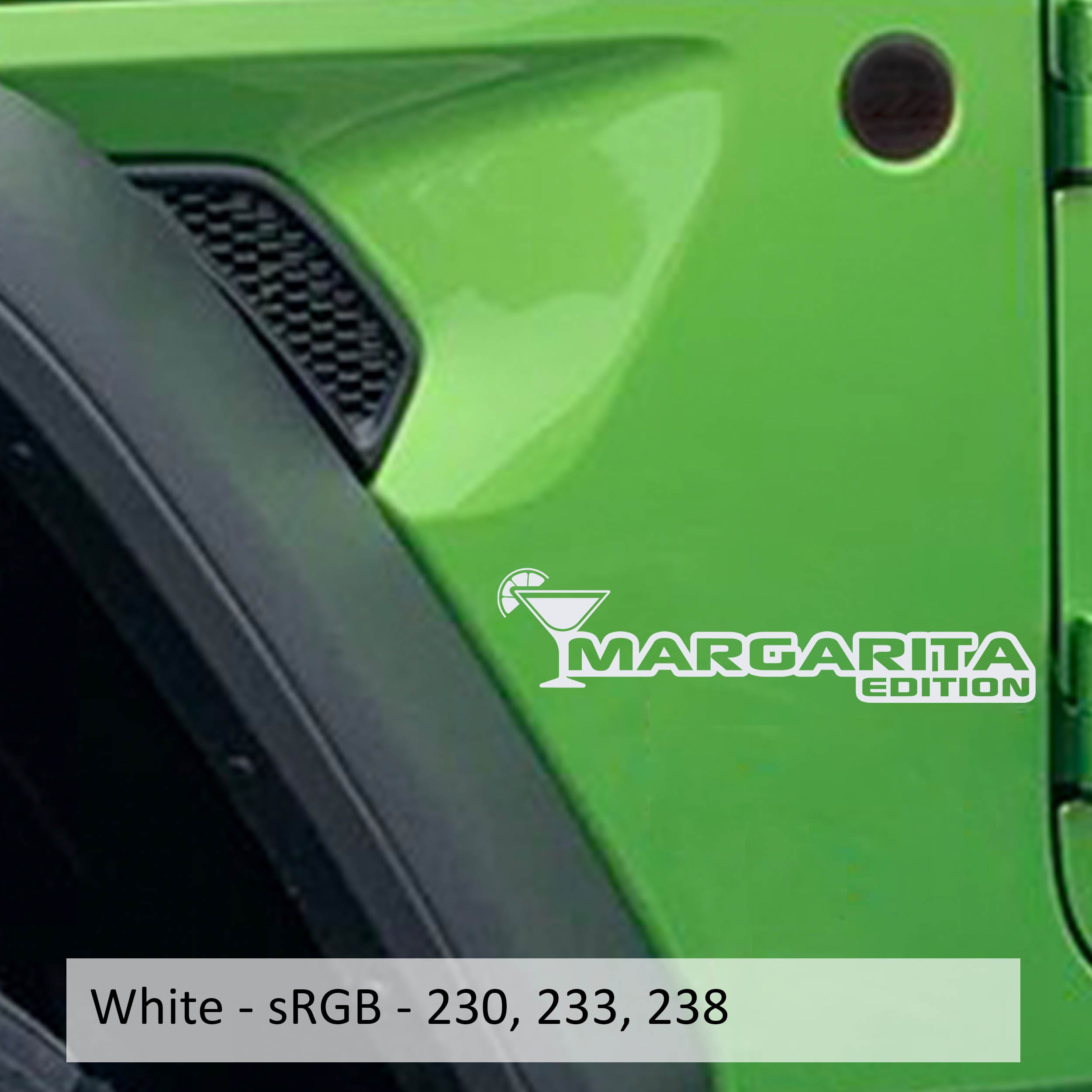 Margarita Edition Jeep fender decal pair displayed in crisp white vinyl on a clean white studio backdrop