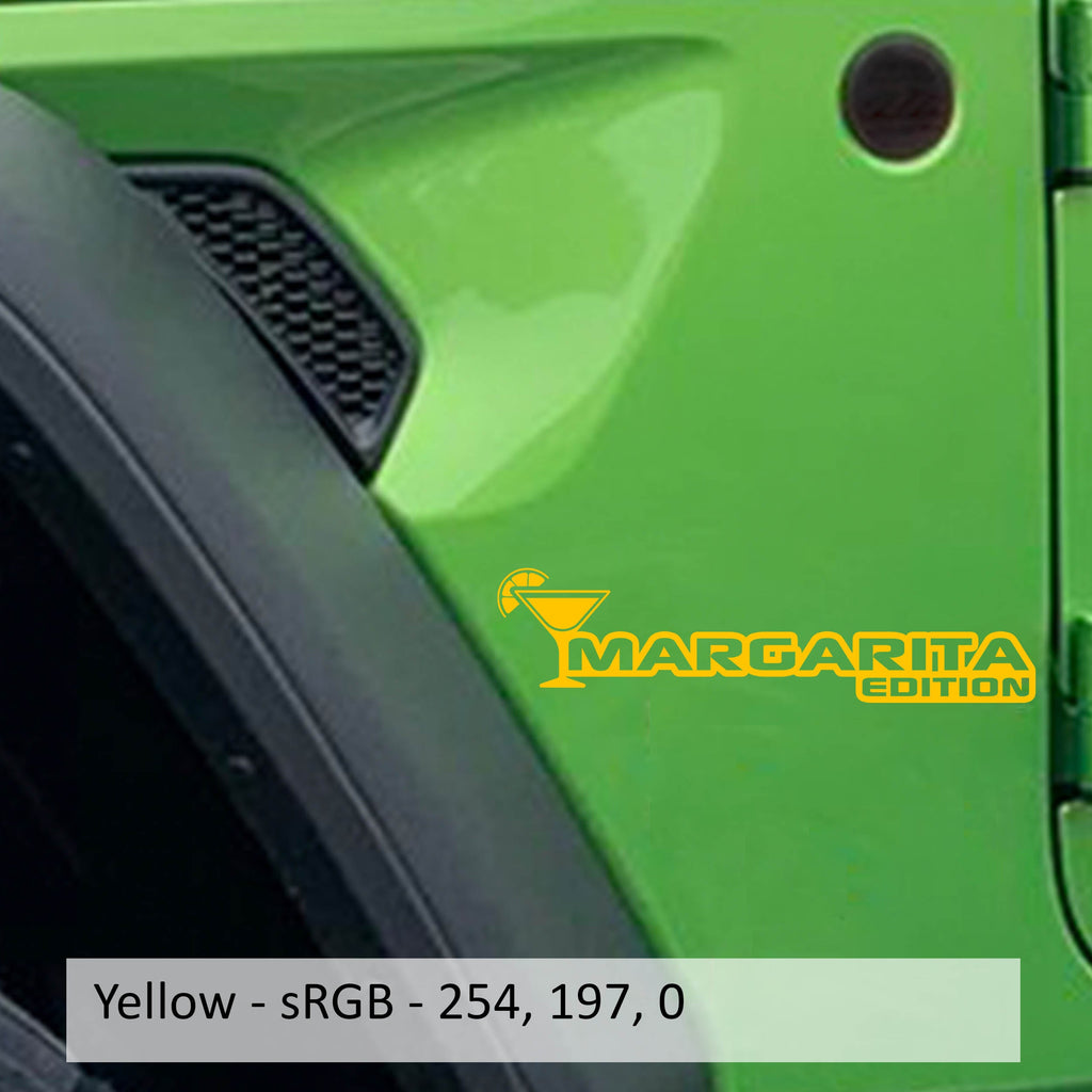 Margarita Edition Jeep fender decal pair shown in bright yellow vinyl on a clean white studio backdrop