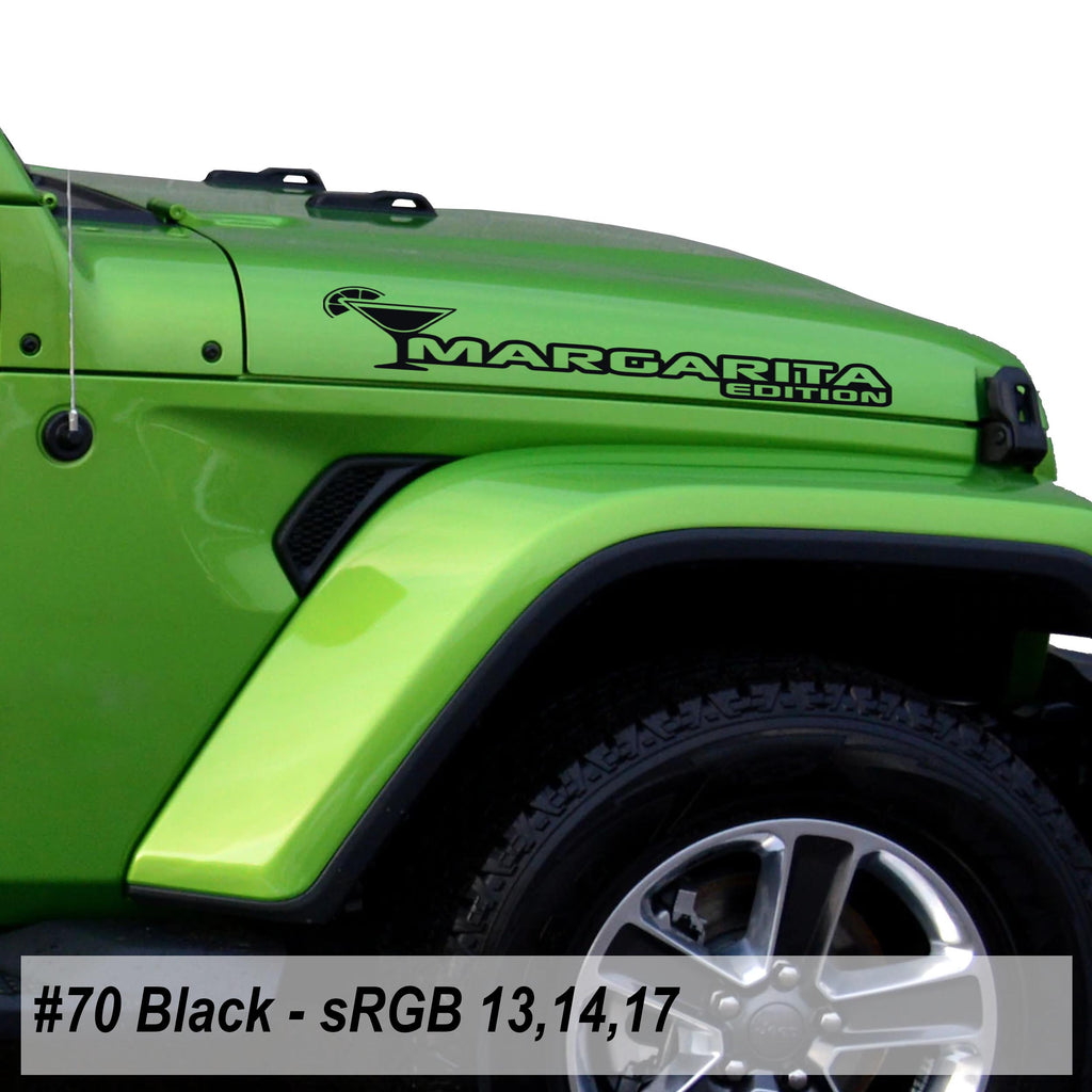 Black Margarita Edition hood decal pair color swatch for Jeep Wrangler side hood application