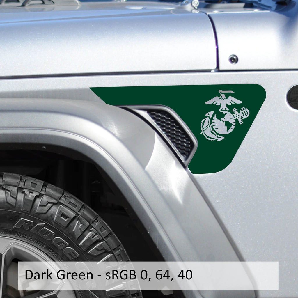 Dark Green Marine Corps EGA logo fender vent decal pair for JL JLU Gladiator JT swatch