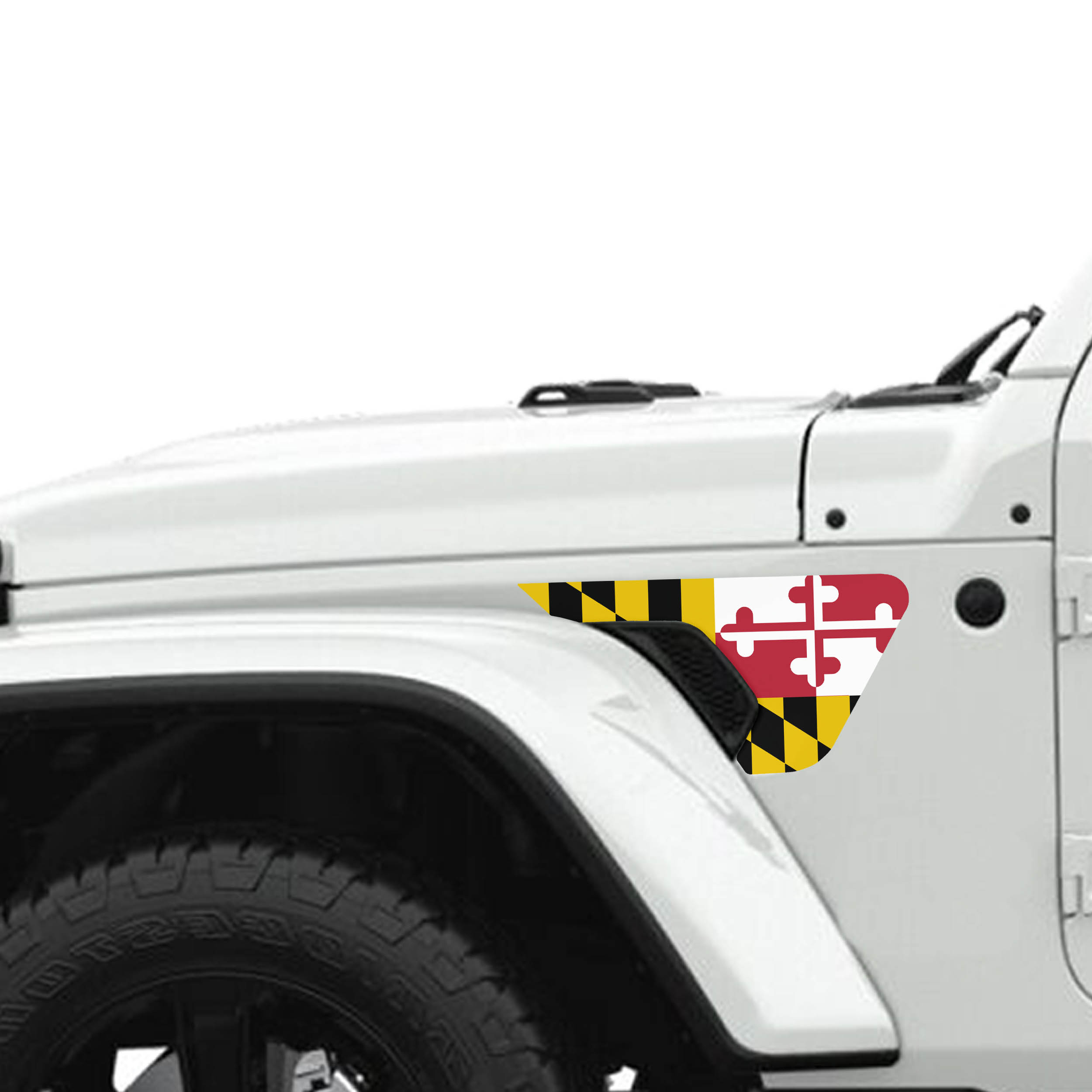Maryland state flag fender vent decal shown on Jeep Wrangler JL JT 2018 plus with color swatches