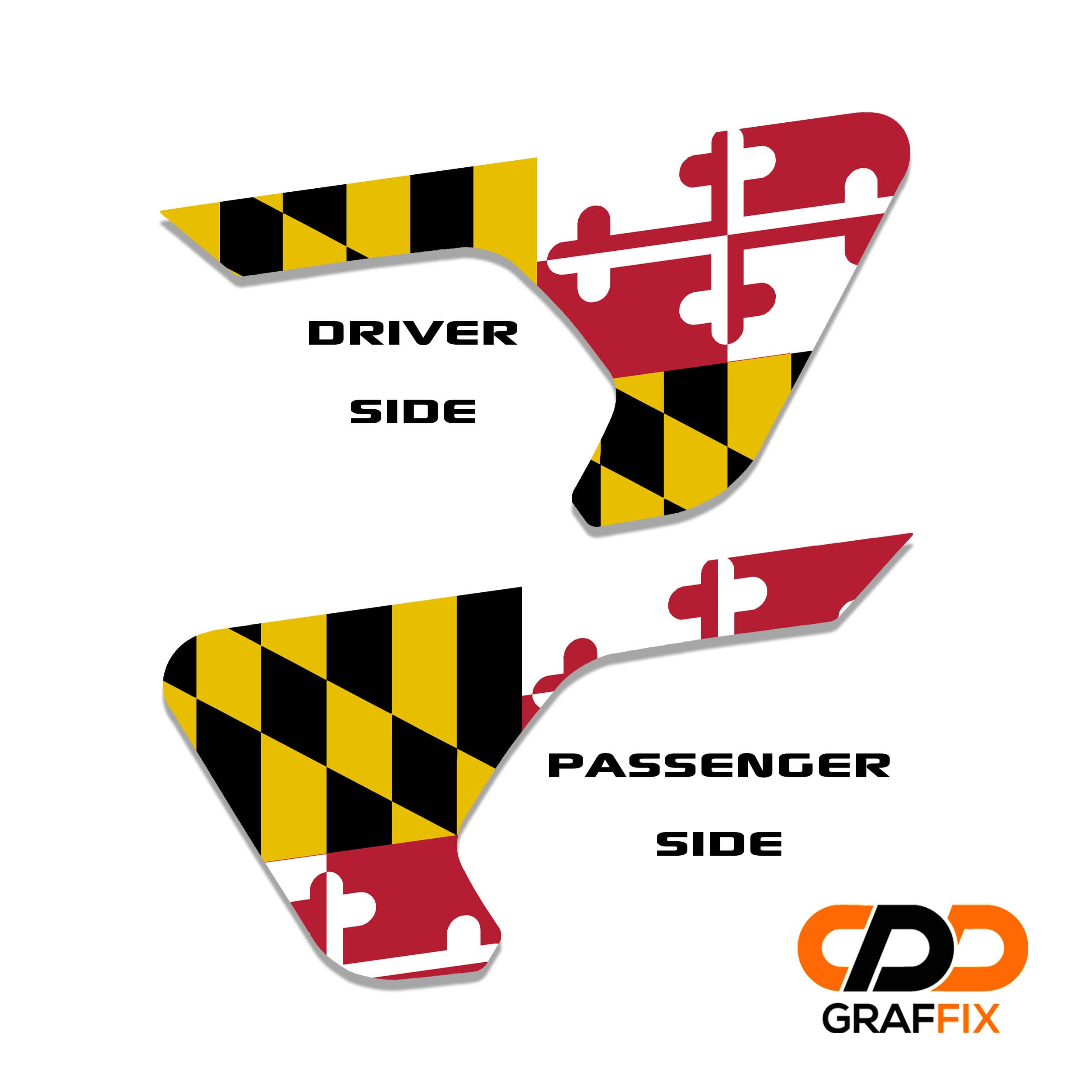 Maryland state flag 2 piece fender vent decal set with named Oracal 651 vinyl color swatches