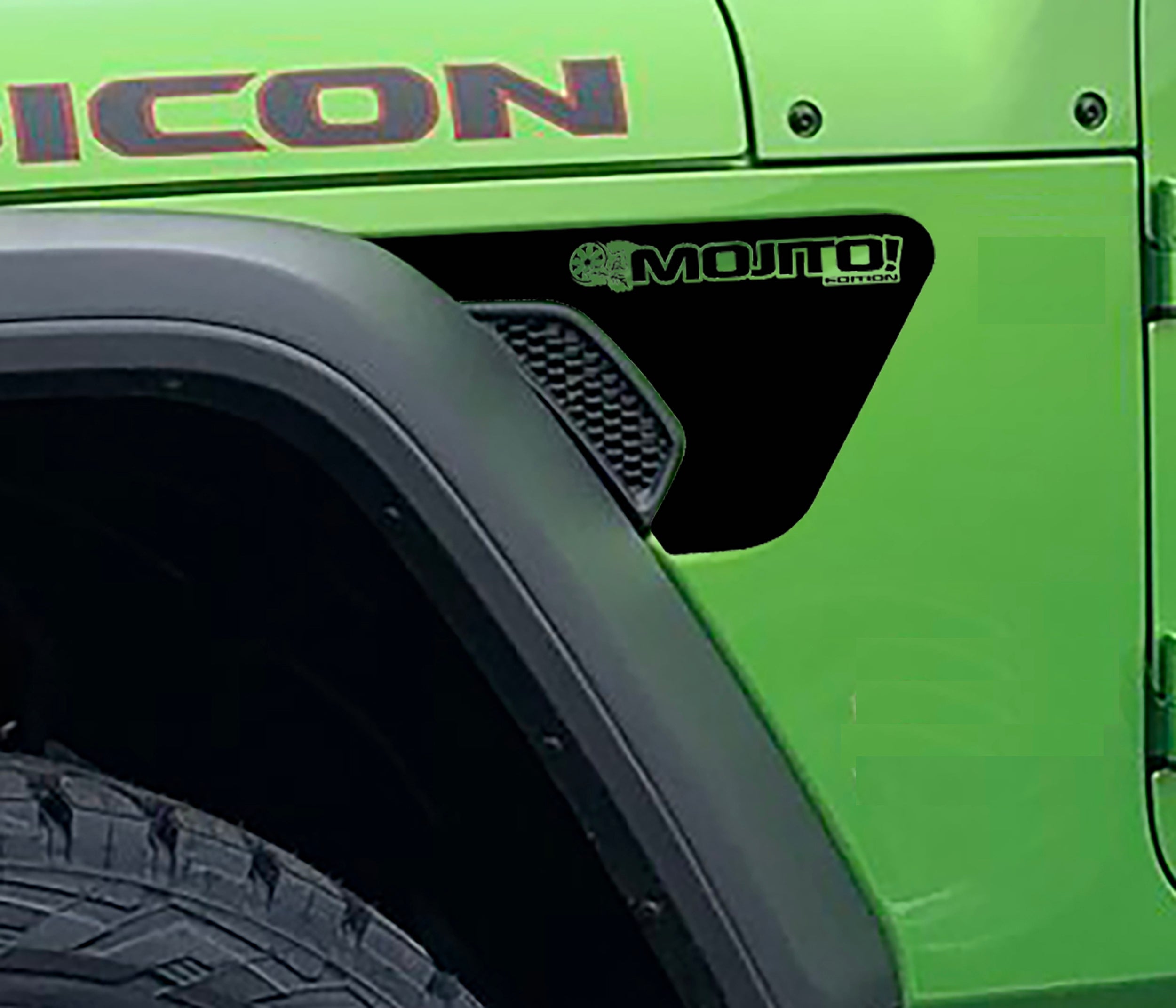 Mojito Edition fender vent vinyl decal swatch shown in matte black for Wrangler JL JLU Gladiator