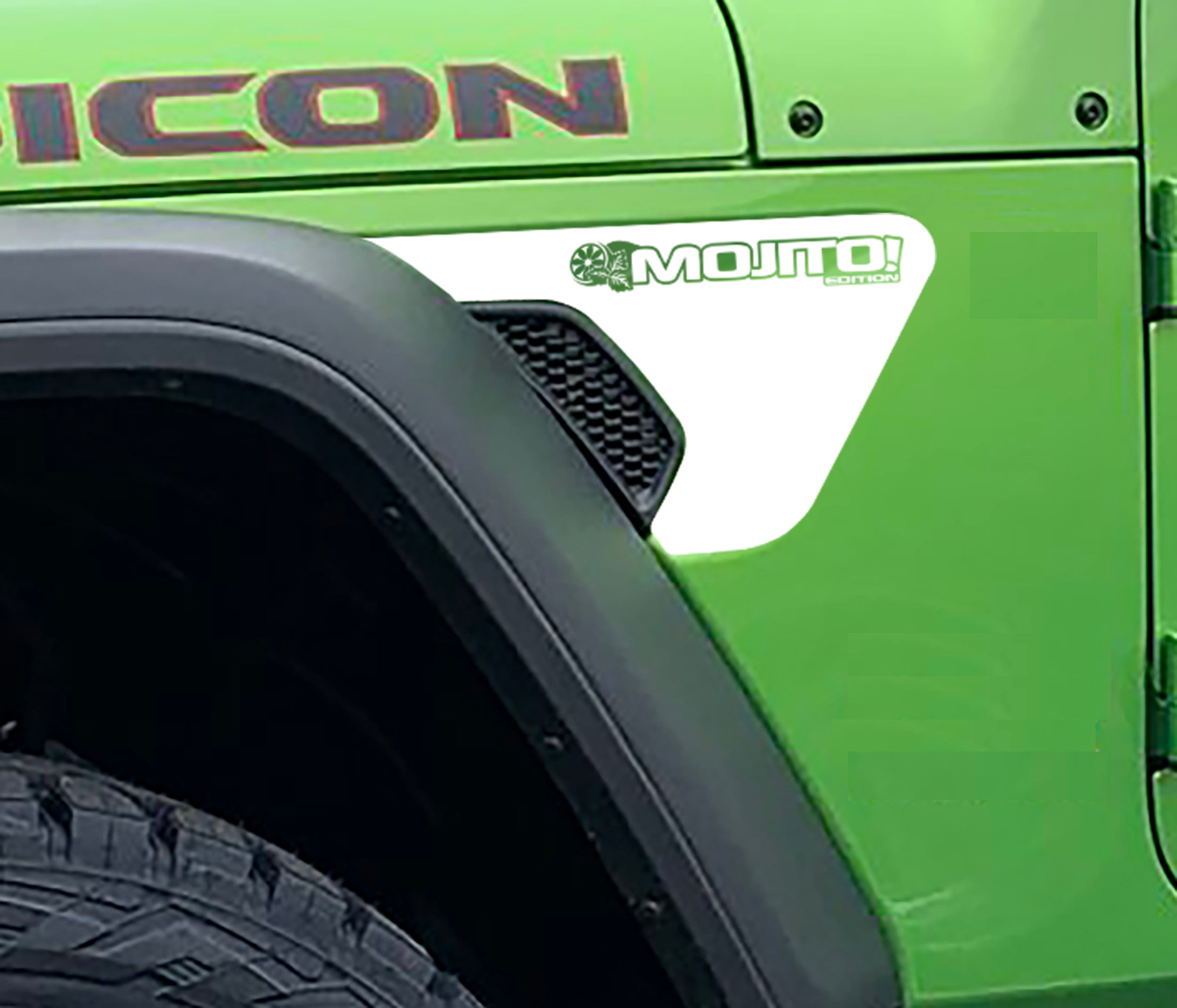 Mojito Edition fender vent vinyl decal swatch shown in bright white for Wrangler JL JLU Gladiator