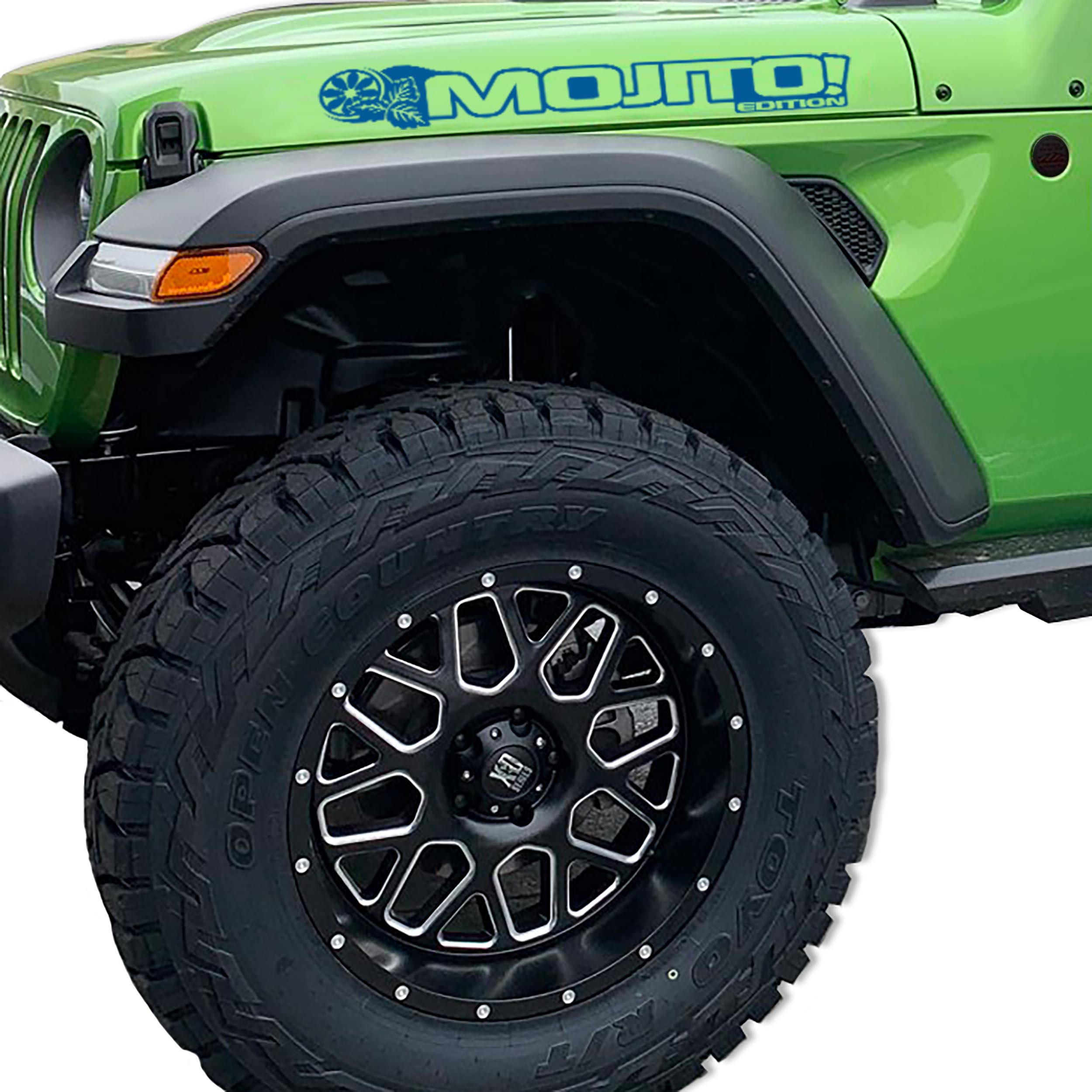 Mojito Edition Jeep Wrangler hood decal pair pictured in azure blue vinyl finish swatch sample