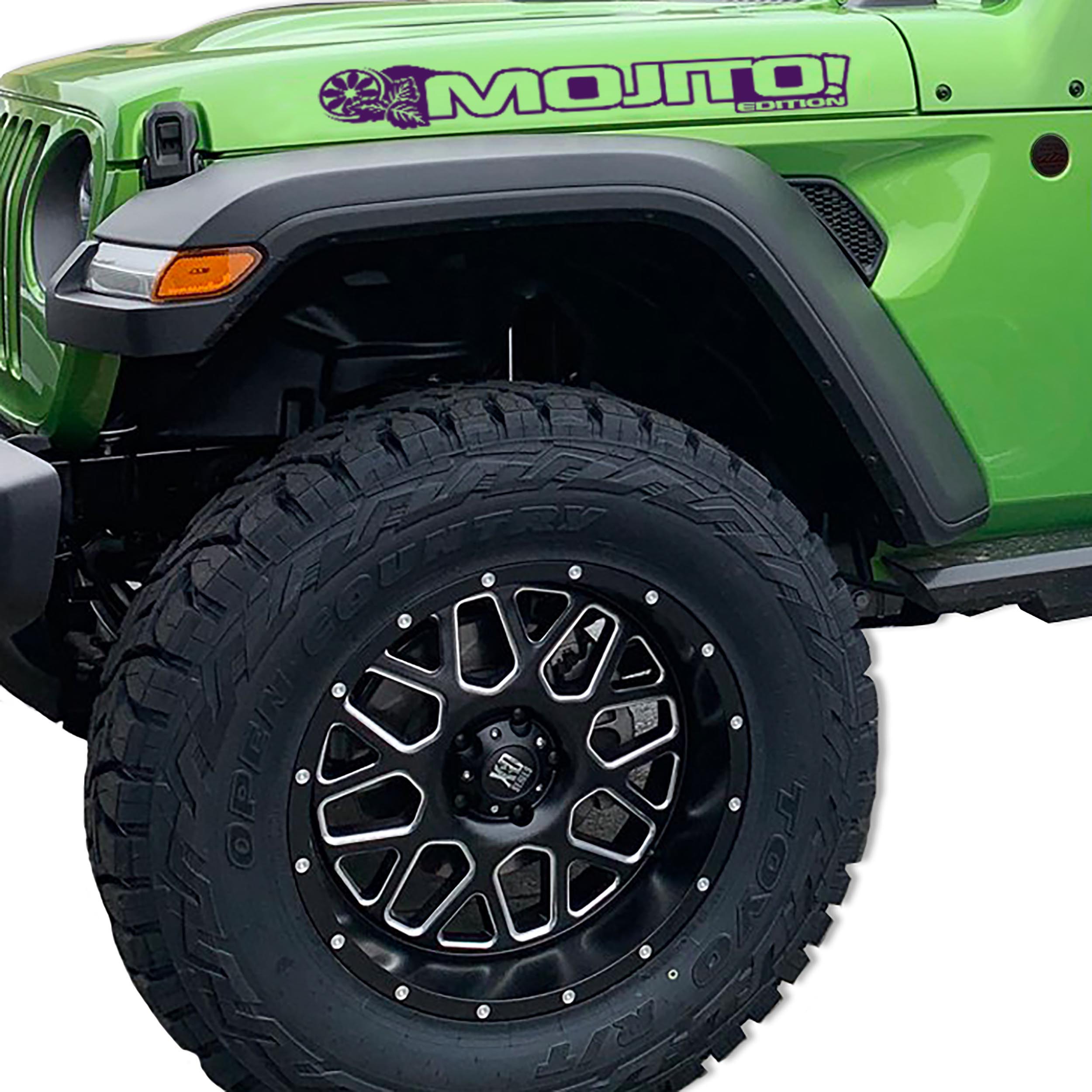 Mojito Edition Jeep Wrangler hood decal pair pictured in violet purple vinyl finish swatch sample