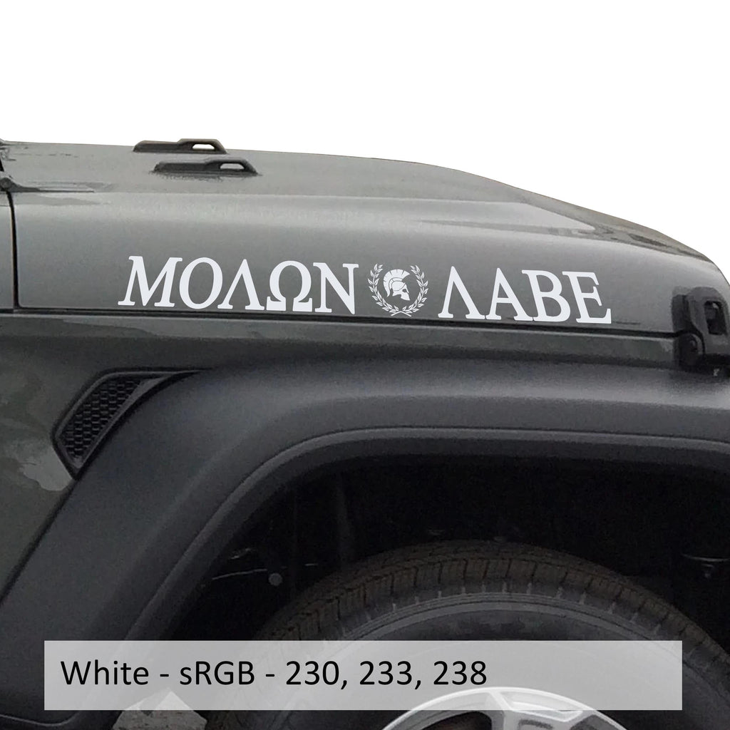 White Molon Labe Spartan helmet laurel wreath hood decal color swatch for Wrangler JL