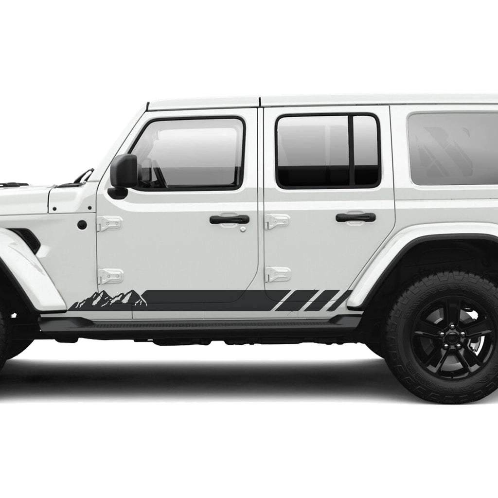 Black mountain stripe rocker panel vinyl graphic kit installed on a white Jeep Wrangler JLU lower body