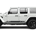 Black mountain stripe rocker panel vinyl graphic kit installed on a white Jeep Wrangler JLU lower body