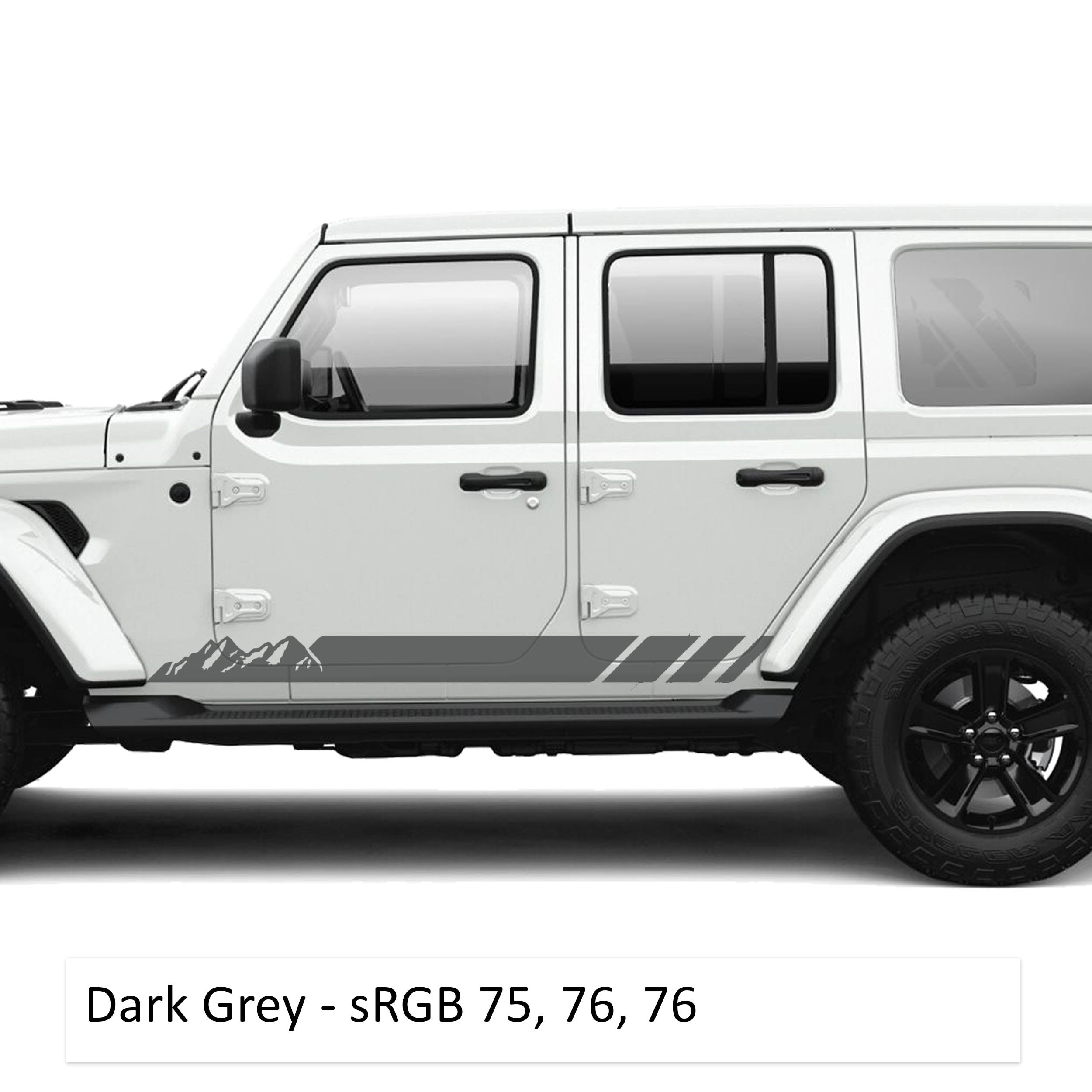 Dark gray mountain stripe rocker panel vinyl graphic kit on a white Jeep Wrangler JLU lower body panel