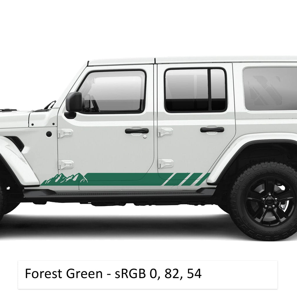 Forest green mountain stripe rocker panel vinyl graphic kit on a white Jeep Wrangler JLU lower body