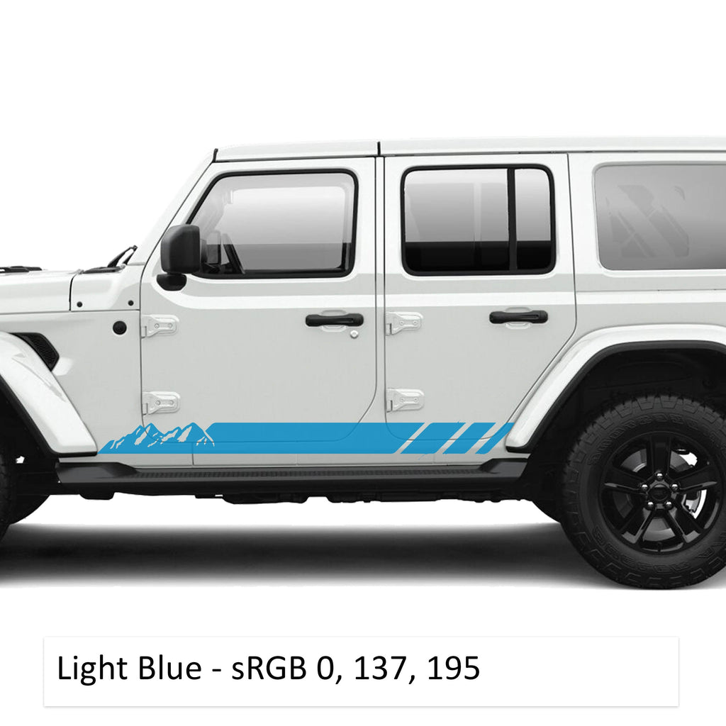 Light blue mountain stripe rocker panel vinyl graphic kit on a white Jeep Wrangler JLU lower body