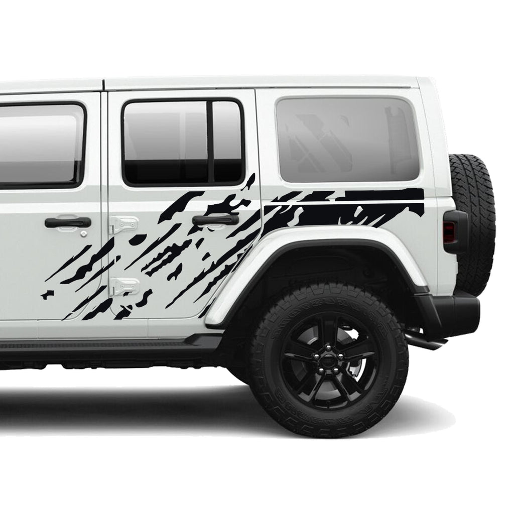 Black mud splash splatter side body vinyl graphic kit installed on a white Jeep Wrangler JLU door panel