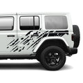 Black mud splash splatter side body vinyl graphic kit installed on a white Jeep Wrangler JLU door panel