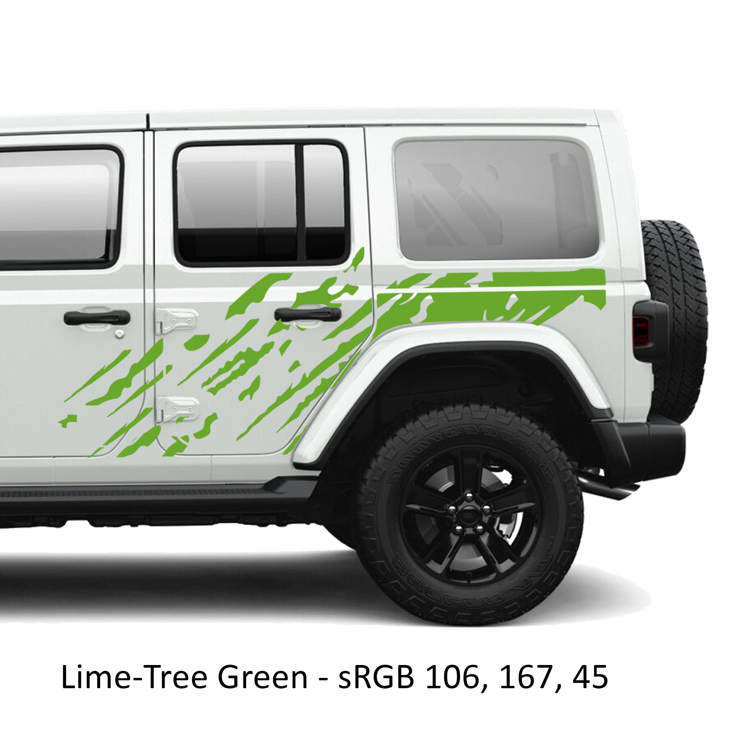 Lime green mud splash splatter side body vinyl graphic kit on a white Jeep Wrangler JLU door panel