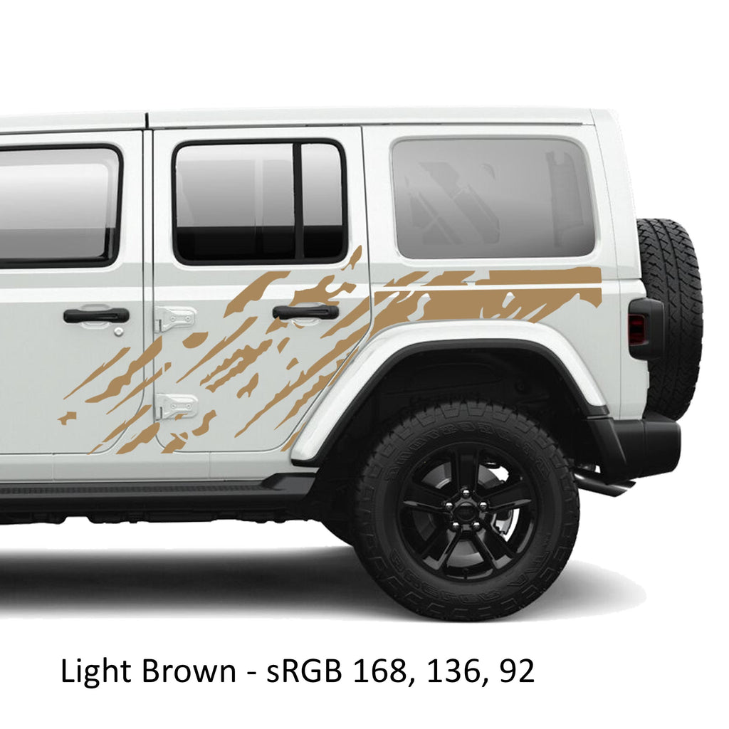 Light brown mud splash splatter side body vinyl graphic kit on a white Jeep Wrangler JLU door panel