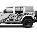 Black Nightmare screaming skull side body vinyl decal kit installed on a white Jeep Wrangler JLU door