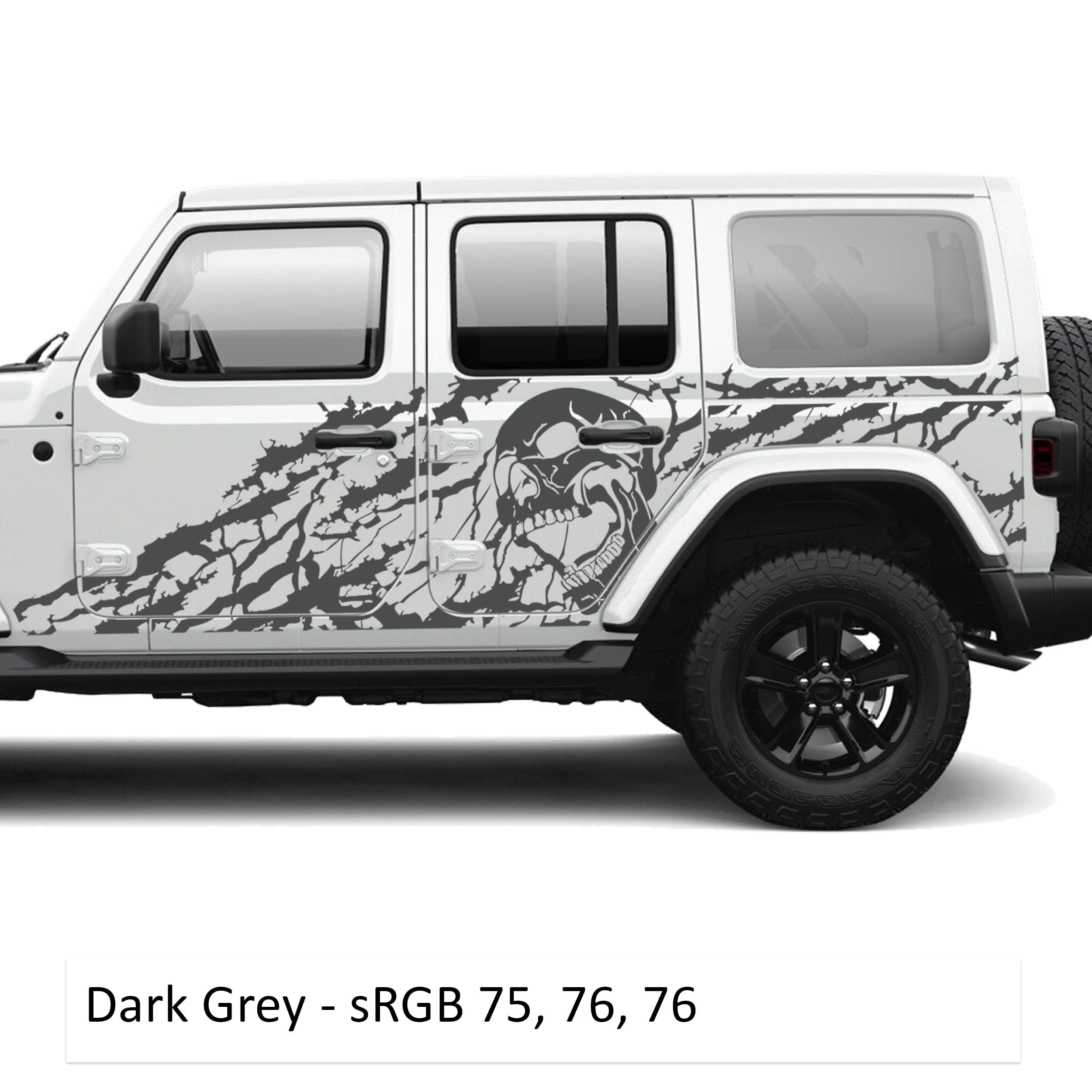 Dark gray Nightmare screaming skull side body vinyl decal kit on a white Jeep Wrangler JLU door panel
