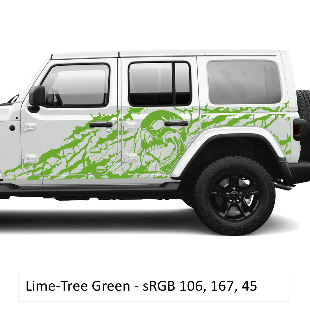 Lime green Nightmare screaming skull side body vinyl decal kit on a white Jeep Wrangler JLU door panel