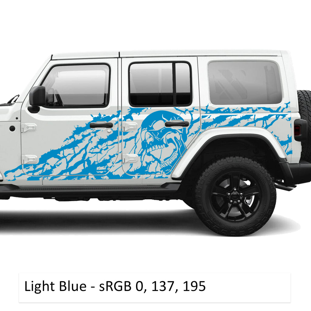Light blue Nightmare screaming skull side body vinyl decal kit on a white Jeep Wrangler JLU door panel