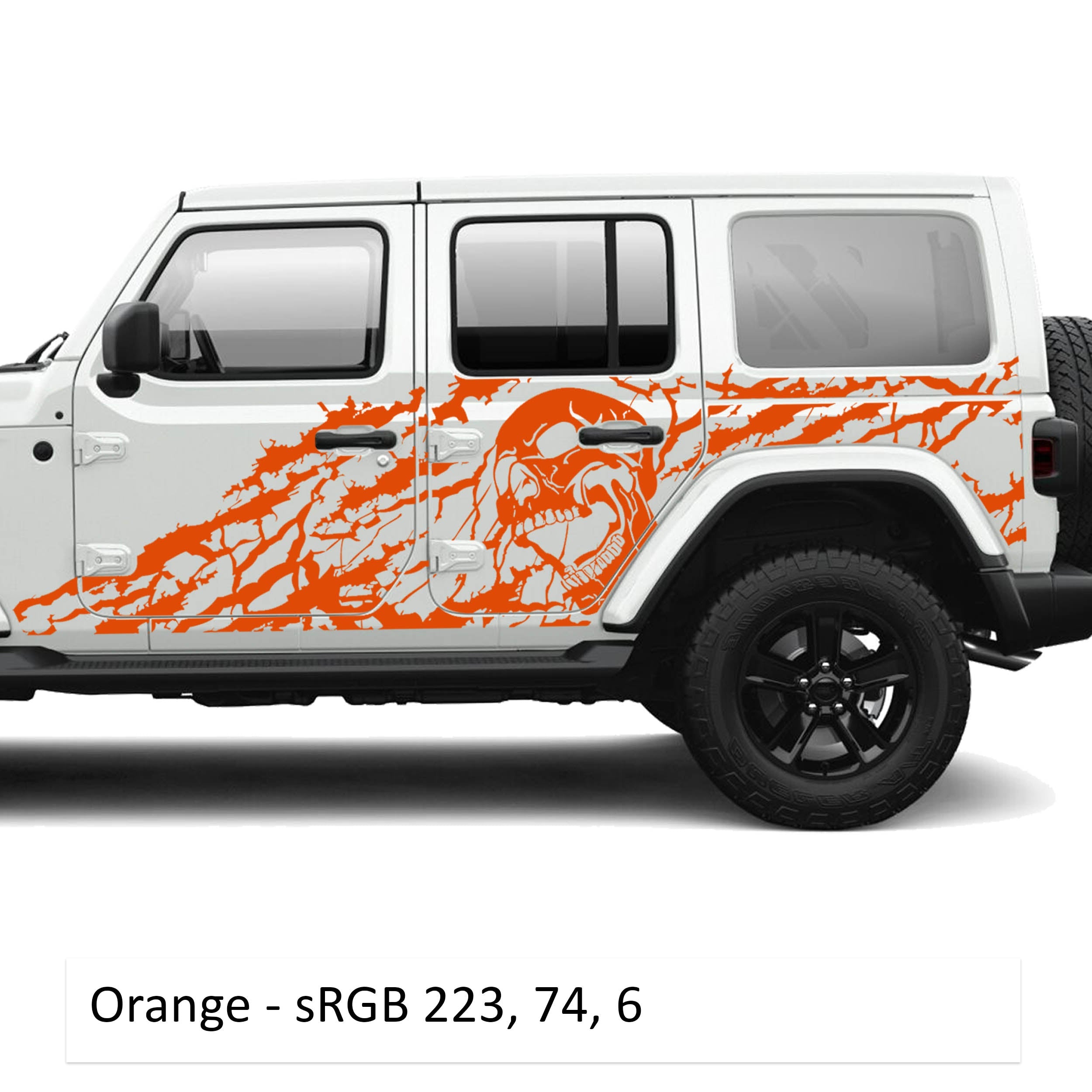 Orange Nightmare screaming skull side body vinyl decal kit installed on a white Jeep Wrangler JLU door