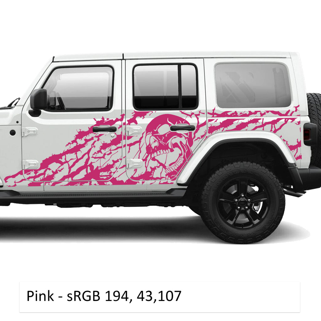 Pink Nightmare screaming skull side body vinyl decal kit installed on a white Jeep Wrangler JLU door
