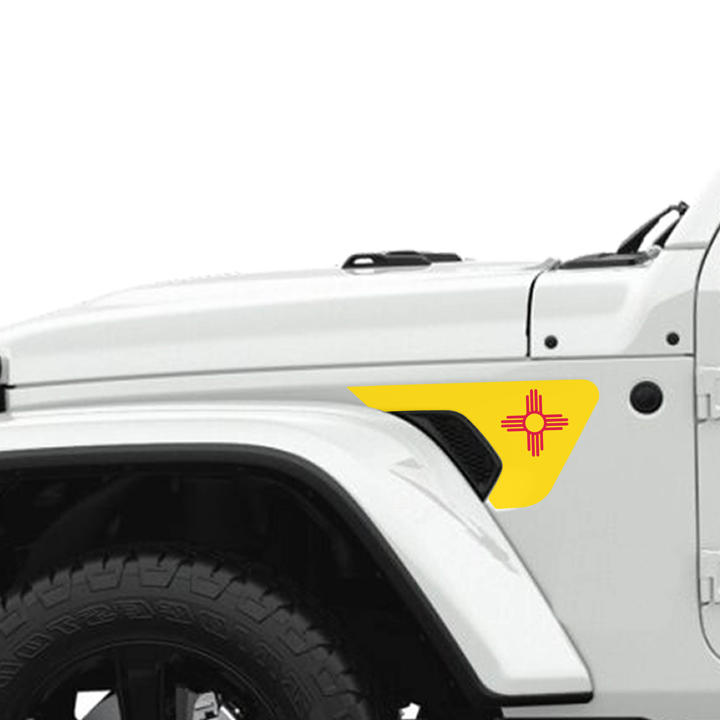 New Mexico state flag fender vent decal on Jeep Wrangler JL JT 2018 plus with color swatches