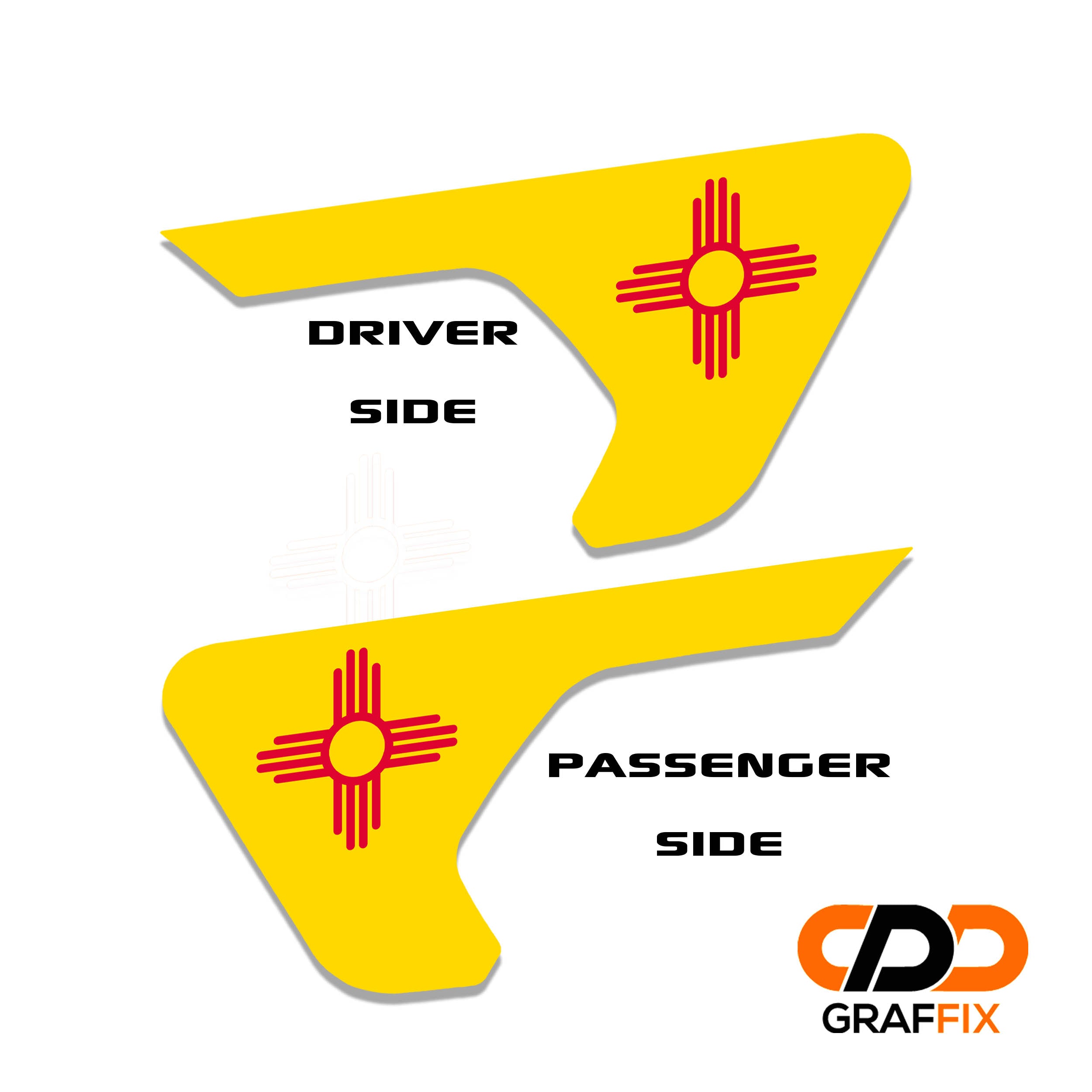 New Mexico state flag 2 piece fender vent decal set with named Oracal 651 vinyl color swatches