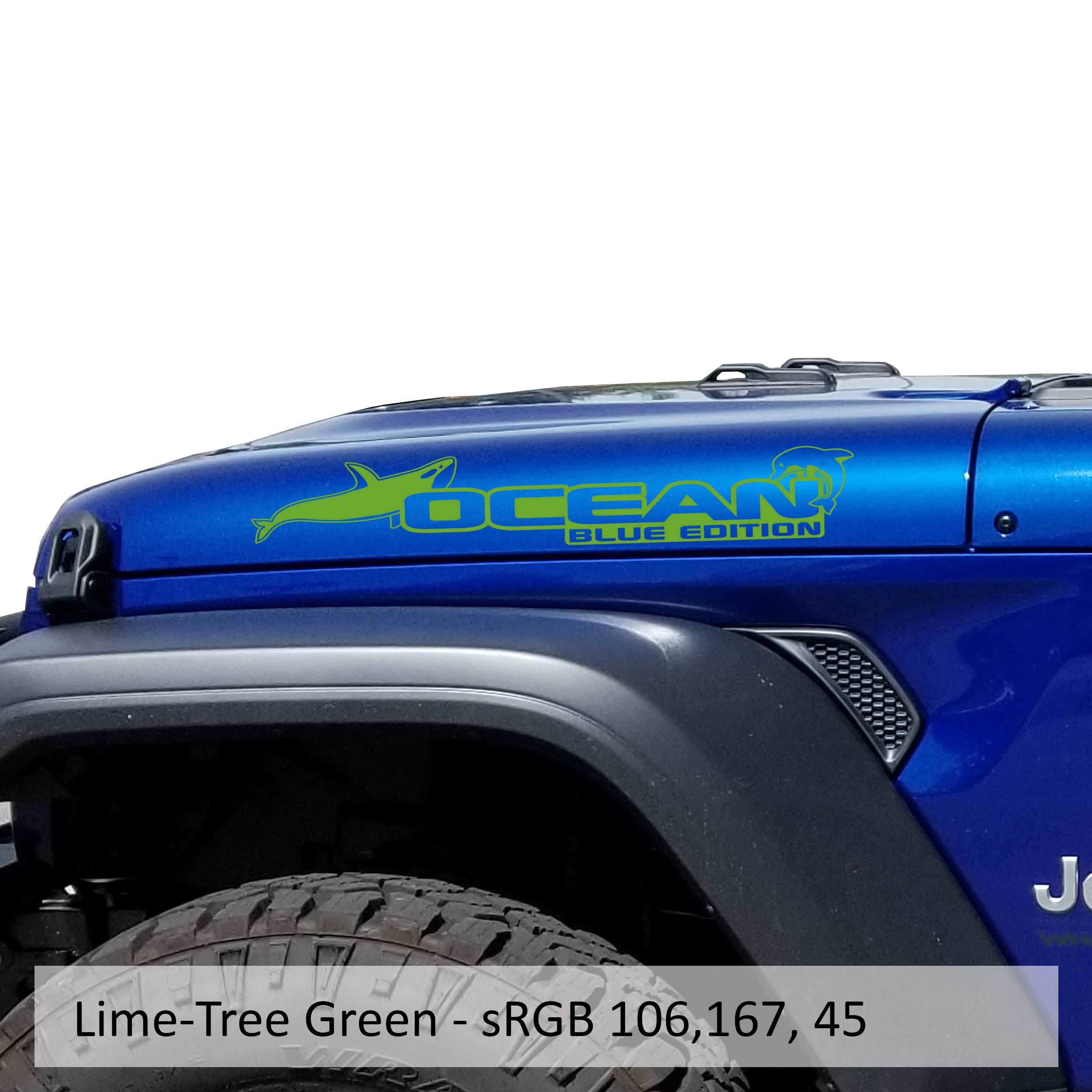 Lime Green Ocean Blue Edition hood decal pair swatch for Jeep Wrangler side hood application