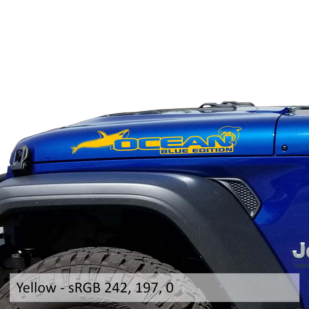 Yellow Ocean Blue Edition hood decal pair color swatch for Jeep Wrangler side hood application