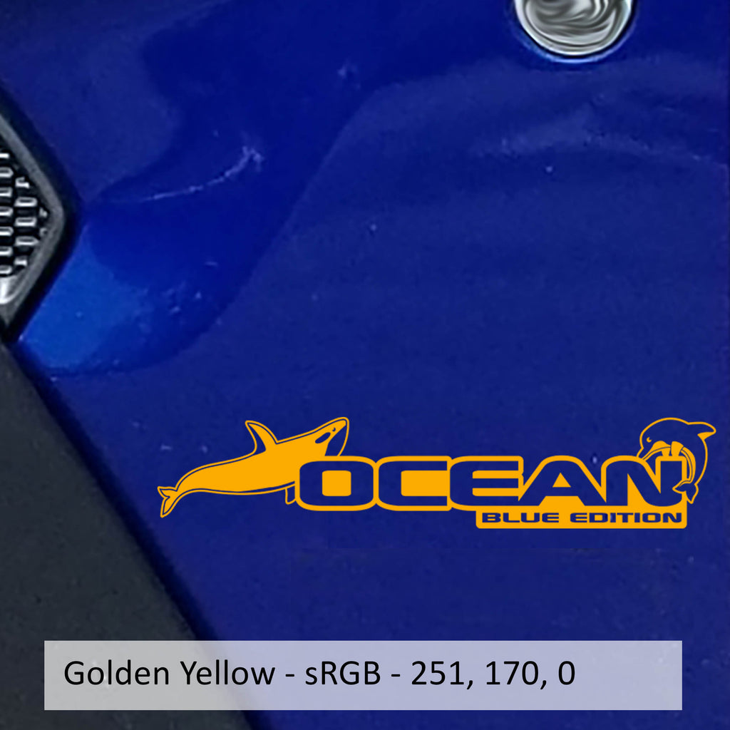 Golden yellow Ocean Blue Edition dolphin side hood vinyl decal for Wrangler Gladiator