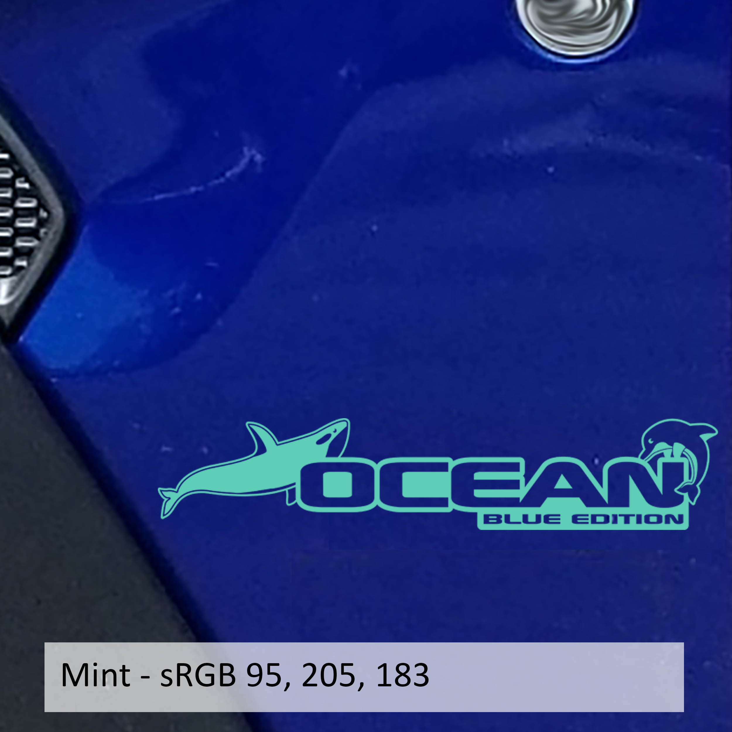 Mint Ocean Blue Edition dolphin side hood vinyl decal pair for Jeep Wrangler Gladiator