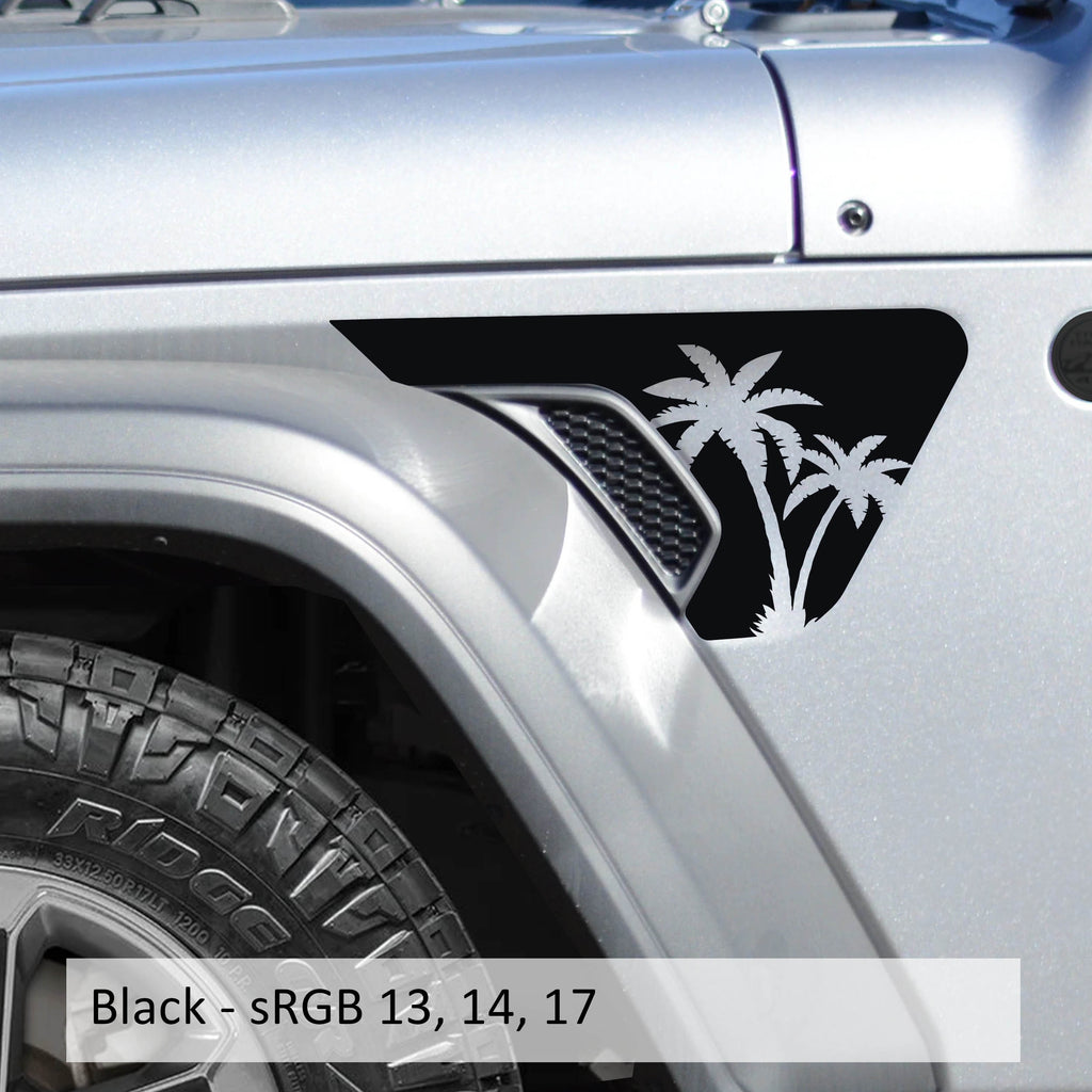 Black palmetto palm tree decal applied to factory billet style fender vent on Jeep Wrangler JL
