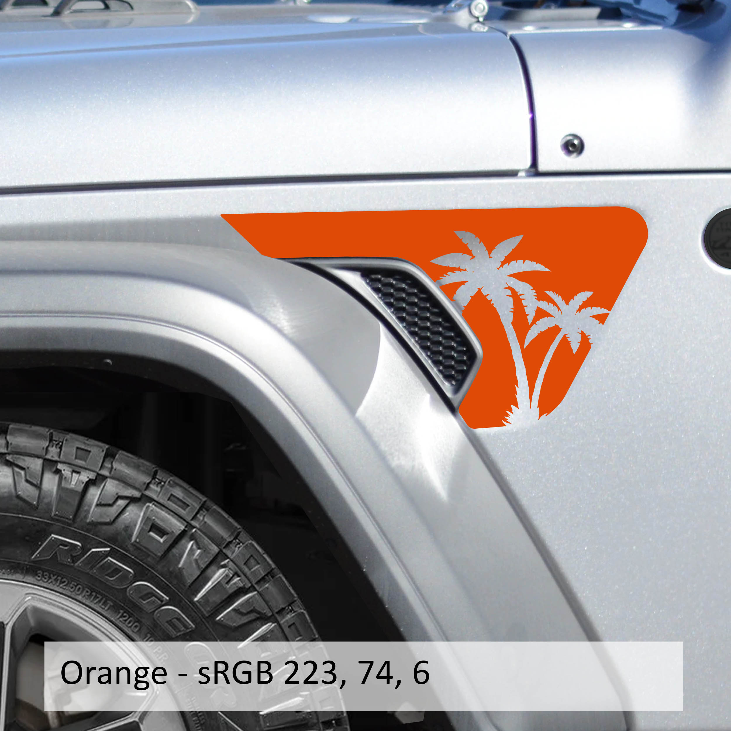 Orange palmetto palm tree decal shown on Jeep Wrangler JL factory billet style fender vent
