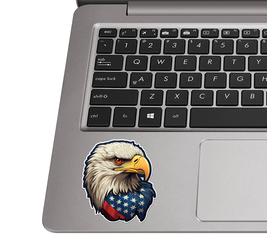Patriotic-eagle sticker stuck to a silver laptop palm rest near a QWERTY keyboard to show actual sticker size