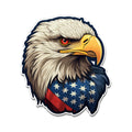 Cartoon bald-eagle head sticker with red eye, yellow beak, and star-spangled blue and red flag chest plumage