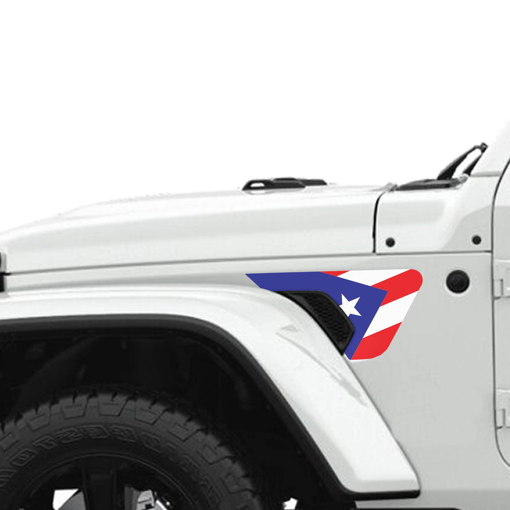 Puerto Rico flag color fender vent vinyl decal mounted on JL JT black billet vent panel detail