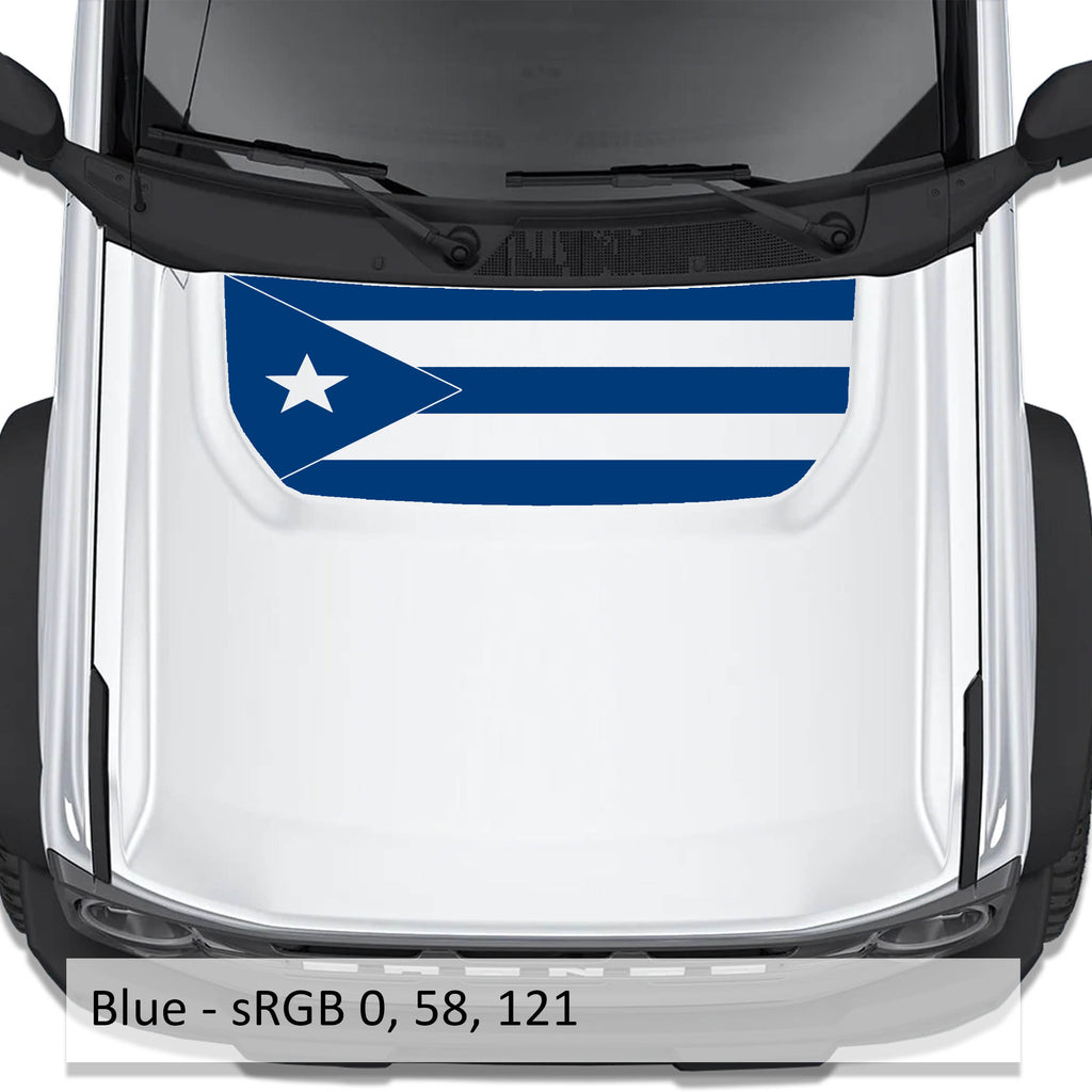 Blue Puerto Rico flag blackout hood vinyl decal on Ford Bronco 2021 plus with color code swatch