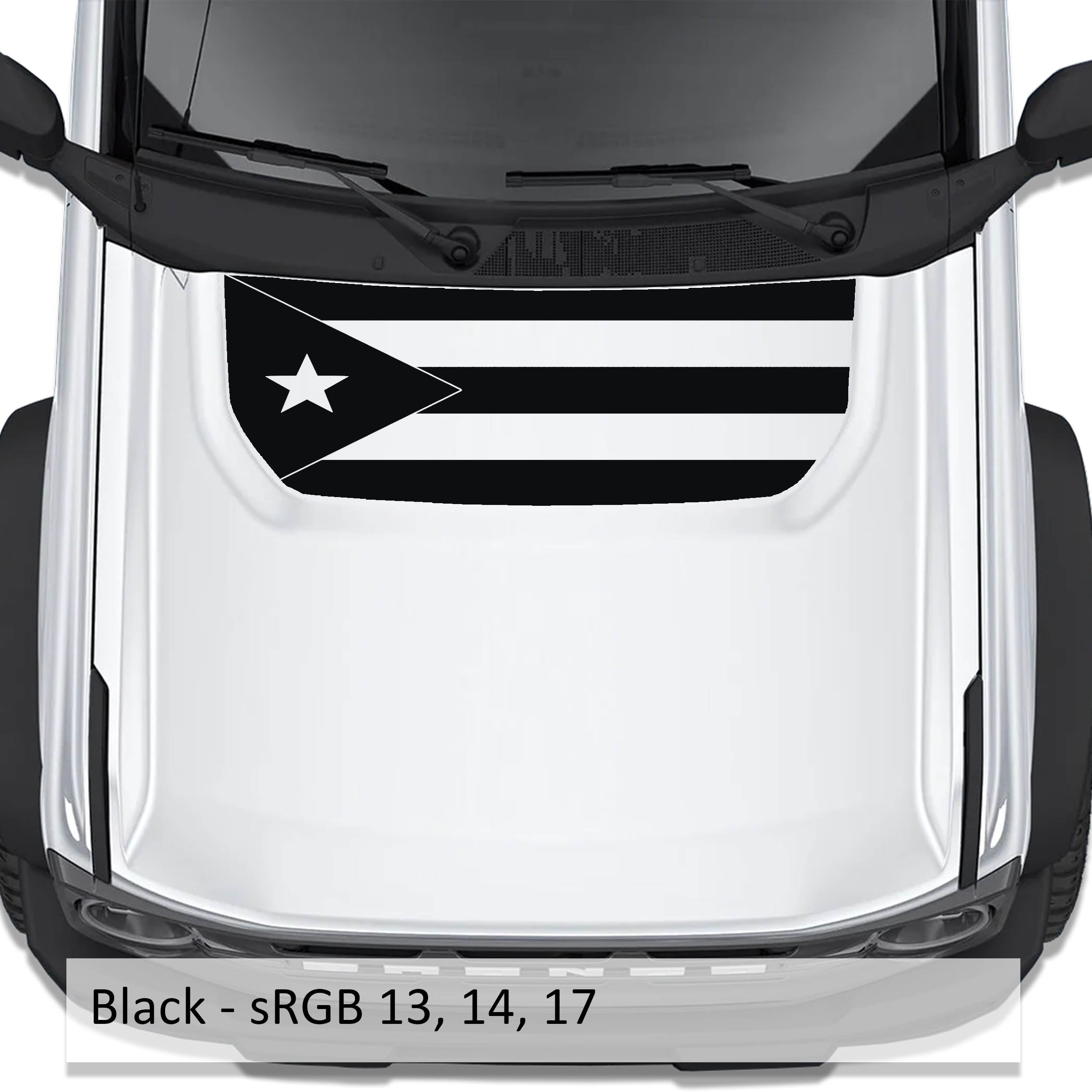 Black Puerto Rico flag blackout hood vinyl decal on Ford Bronco 2021 plus with color code swatch