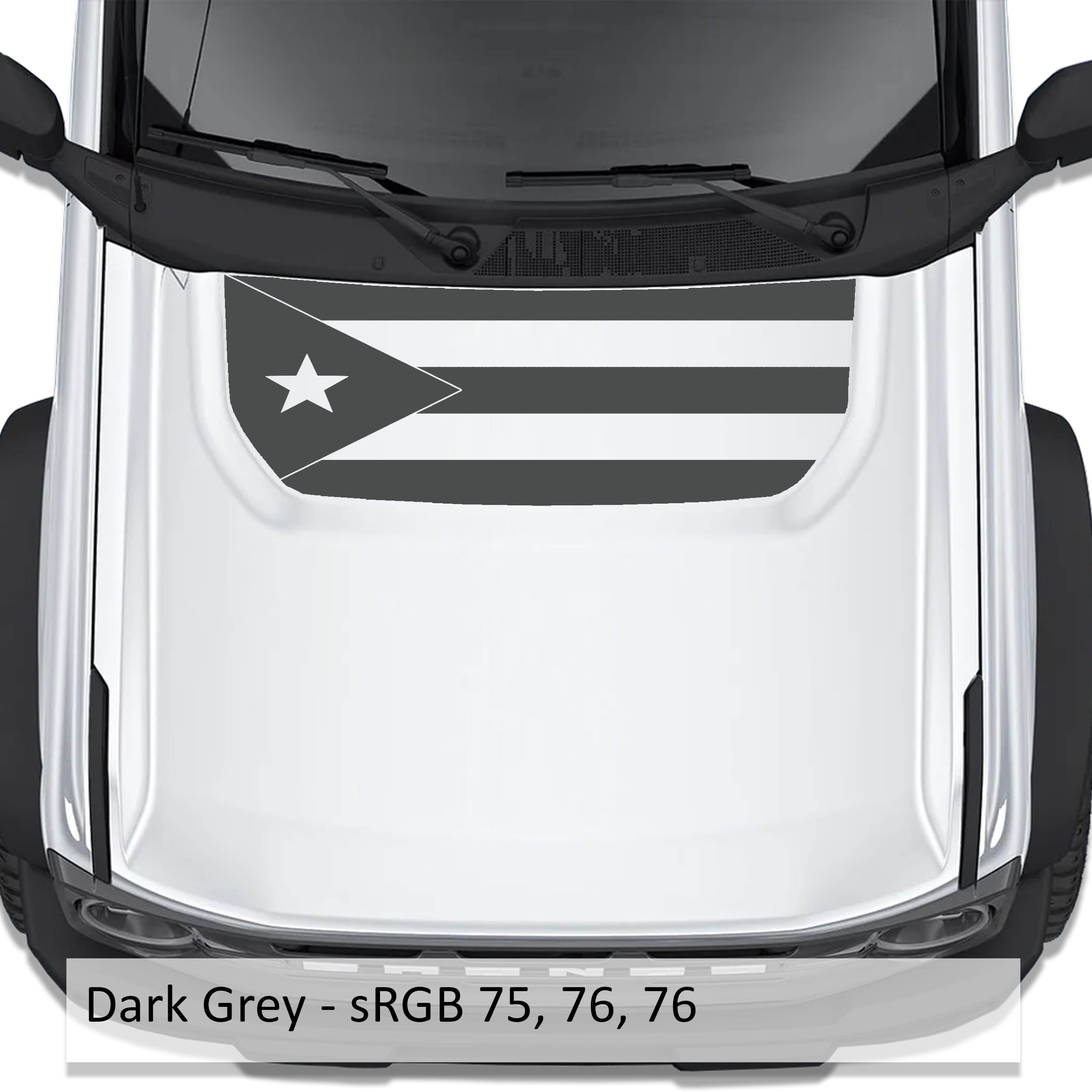 Dark grey Puerto Rico flag blackout hood decal on Ford Bronco 2021 plus with color code swatch