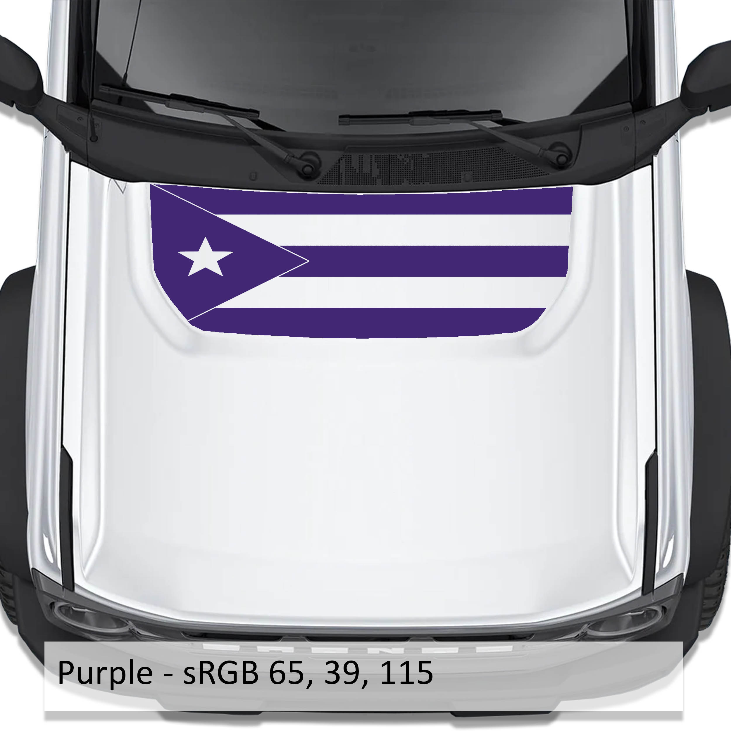 Purple Puerto Rico flag blackout hood vinyl decal on Ford Bronco 2021 plus with color code swatch