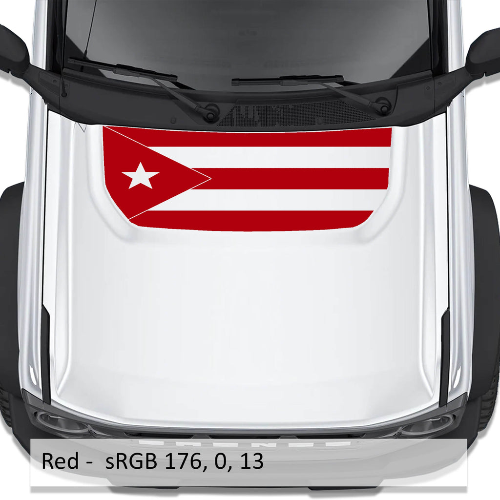 Red Puerto Rico flag blackout hood vinyl decal on Ford Bronco 2021 plus with color code swatch