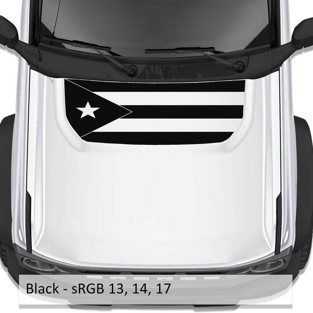 White Puerto Rico flag blackout hood vinyl decal installed on Ford Bronco 2021 plus, top view