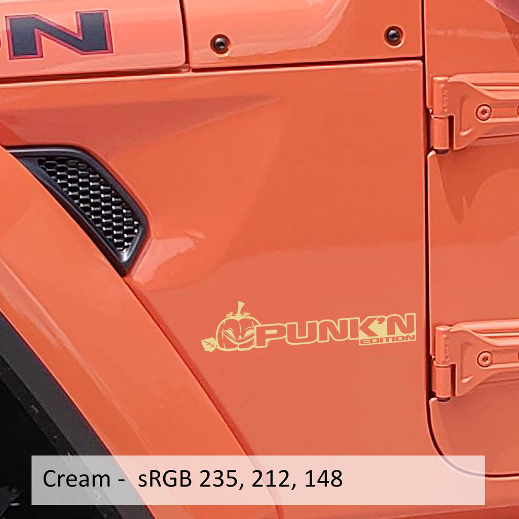 Cream Punk'n Edition pumpkin fender decal pair shown on Jeep Wrangler JL Gladiator JT hood cowl